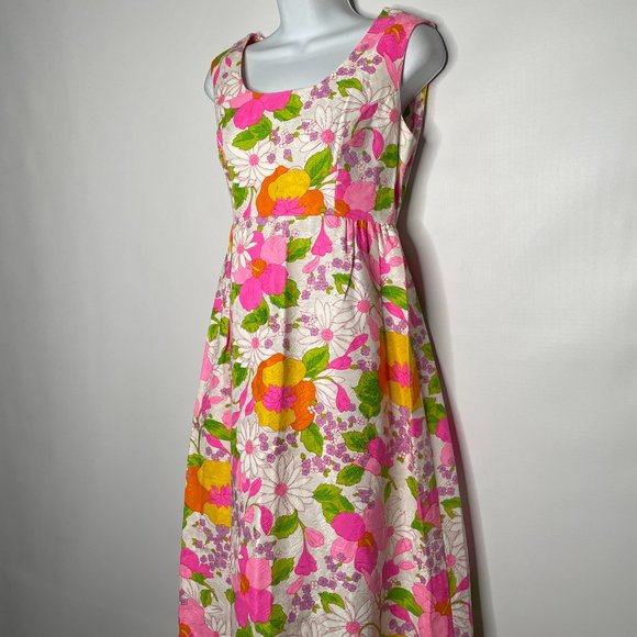 Vintage 60s White Pink Textured Floral Sleeveless Maxi Hostess Dress - Picture 7 of 8